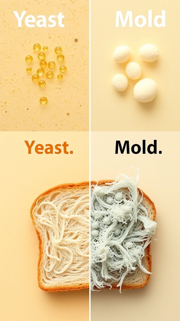 Understanding Yeast and Mold: Key Differences Comparison of yeast cells and mold growth on bread.